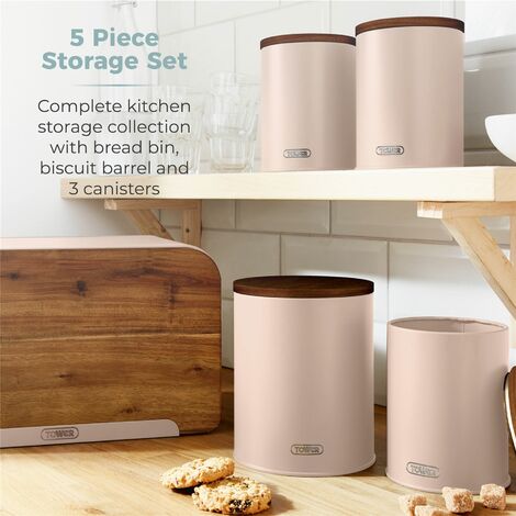 Tower Scandi 5-Piece Acacia Wood Storage Set with Bread Bin, Cracker Barrel, Jars, Pink Clay - Truly Yours