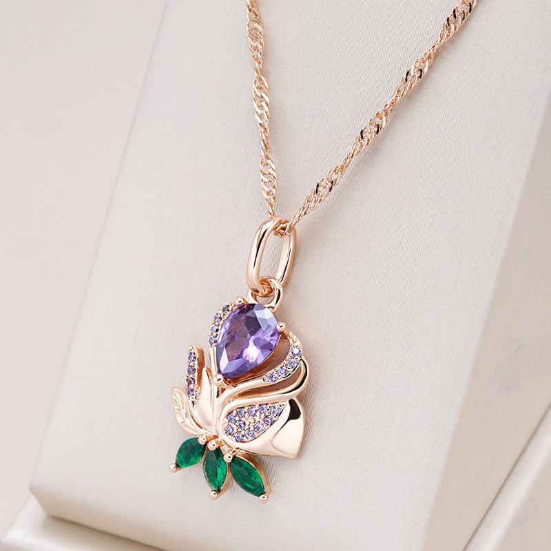 585 Rose Gold Purple & Green Zircon Floral Pendant Necklace (45+5cm) - Truly Yours