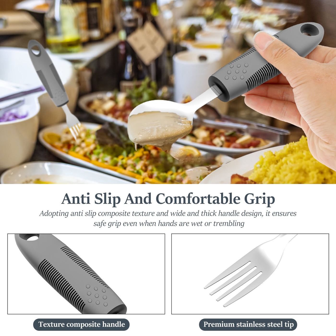 4-Piece Adaptive Utensils Set - Stainless Steel Bendable Cutlery with Weighted Easy-Grip Handles for Arthritis, Hand Tremors, and Parkinson’s Utensils