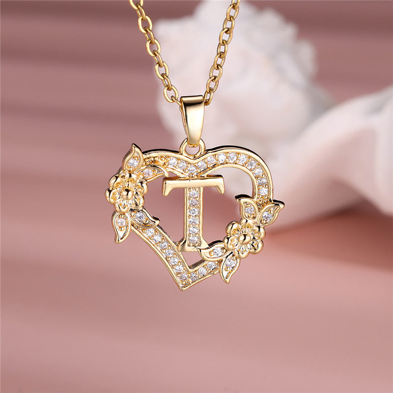 Gold-Plated Heart Initial Necklace – Sparkling Crystal A-Z Letter Pendant with Floral Accents - Truly Yours