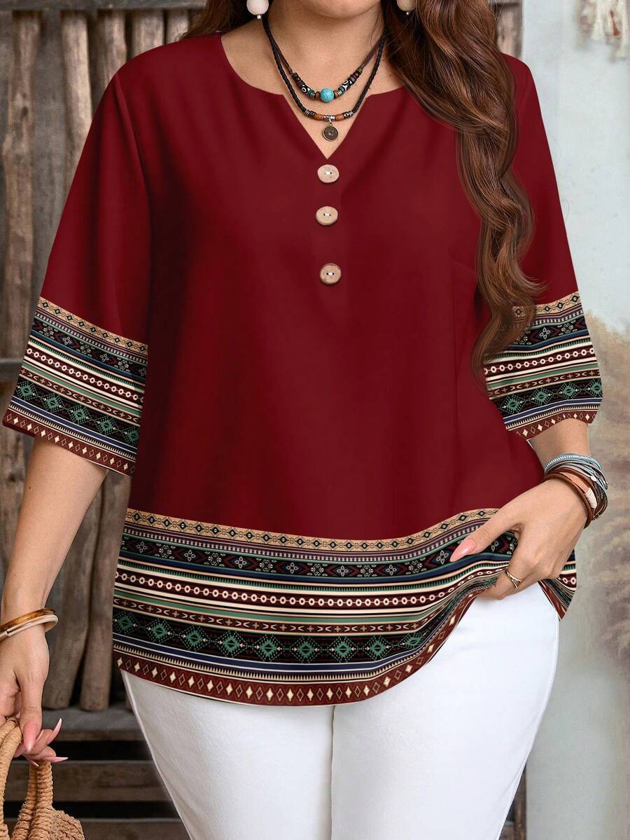 Boho Print Button Tunic Top - 2 Colours Wine Blouse