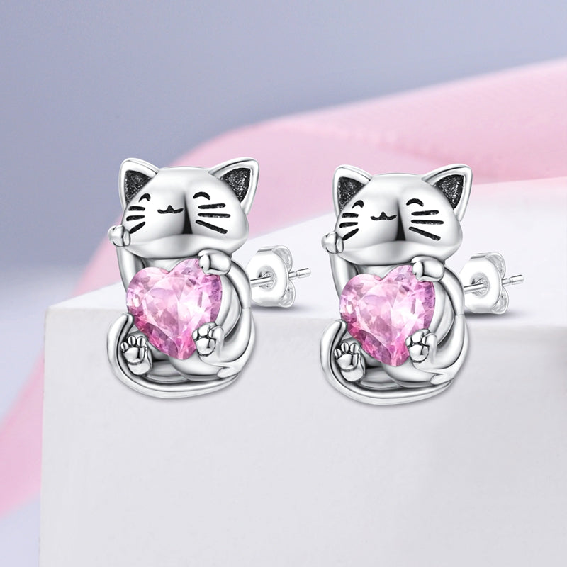 925 Sterling Silver Cute Cat Stud Earrings with Pink Heart-Shaped Gemstone - Truly Yours