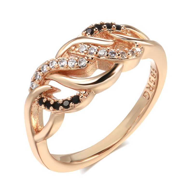 Elegant 14K (585) Rose Gold Wave Ring with Clear and Black Natural Zircon Accents - Truly Yours