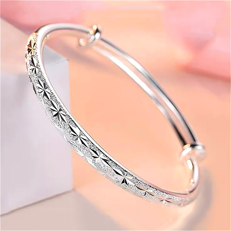 925 Sterling Silver Adjustable Bangle Bracelet with Textured Pattern - Truly Yours