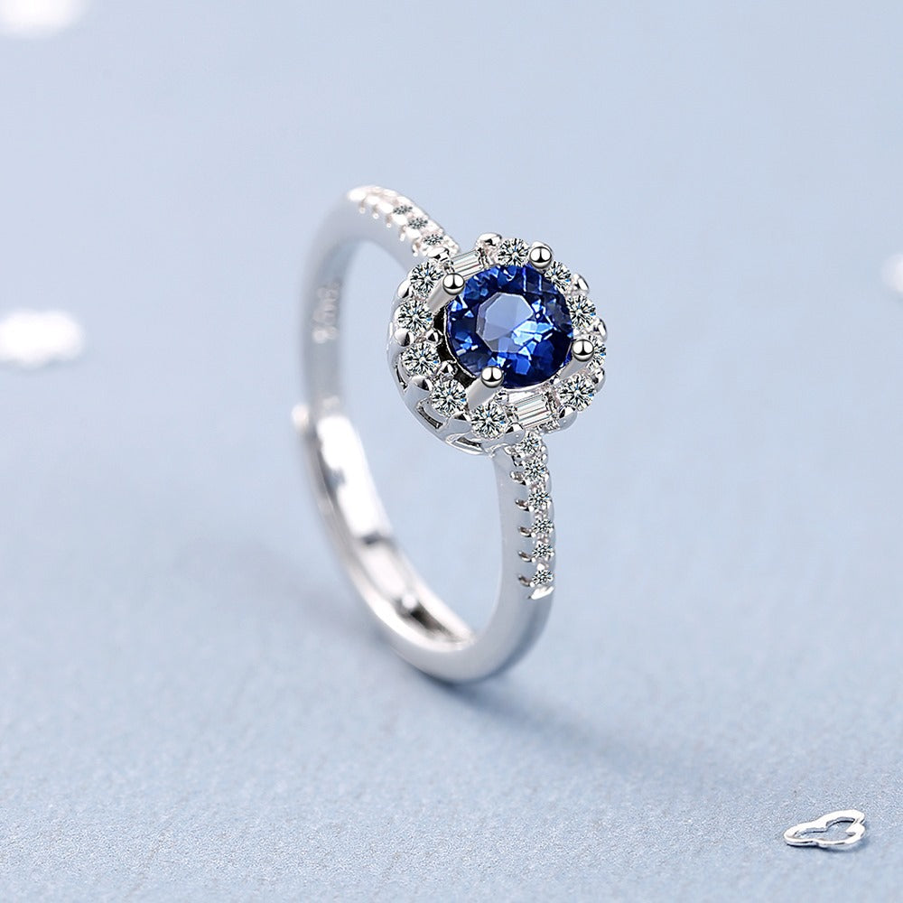 925 Sterling Silver Blue Sapphire Crystal Halo Adjustable Ring - Truly Yours