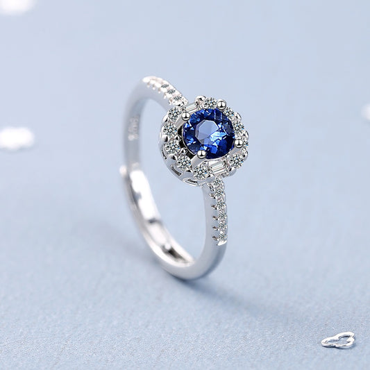 925 Sterling Silver Blue Sapphire Crystal Halo Adjustable Ring