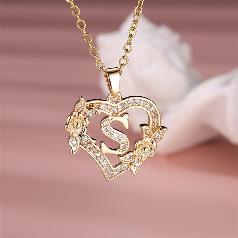 Gold-Plated Heart Initial Necklace – Sparkling Crystal A-Z Letter Pendant with Floral Accents - Truly Yours