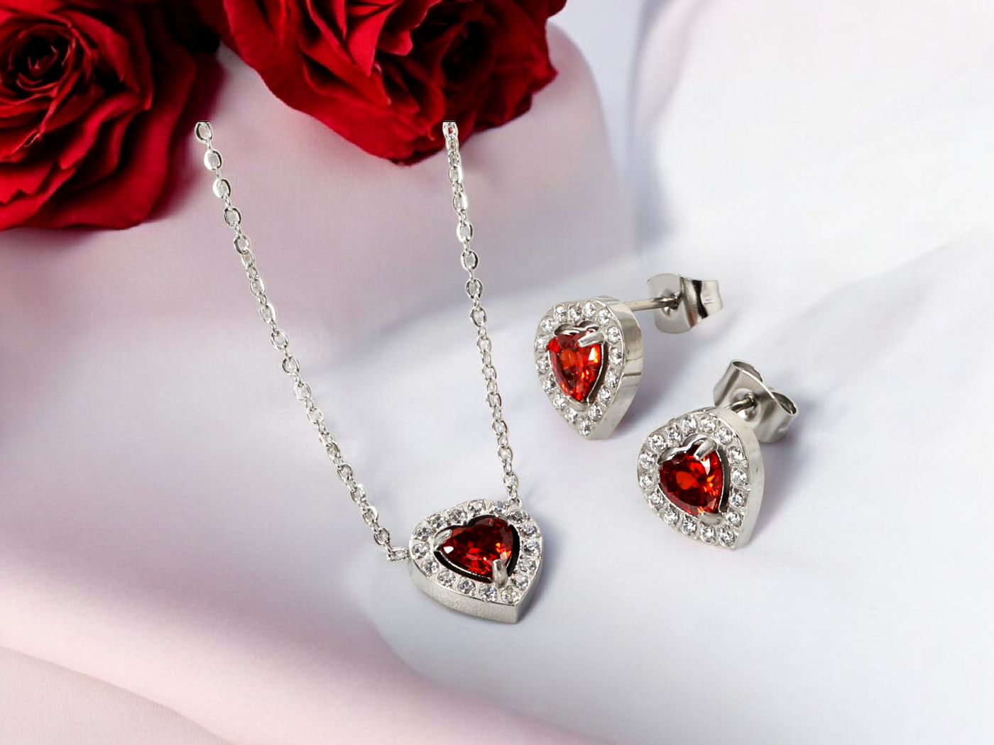 Love Heart Jewellery Set: Sparkling Red Zirconia Necklace and Earrings - Truly Yours
