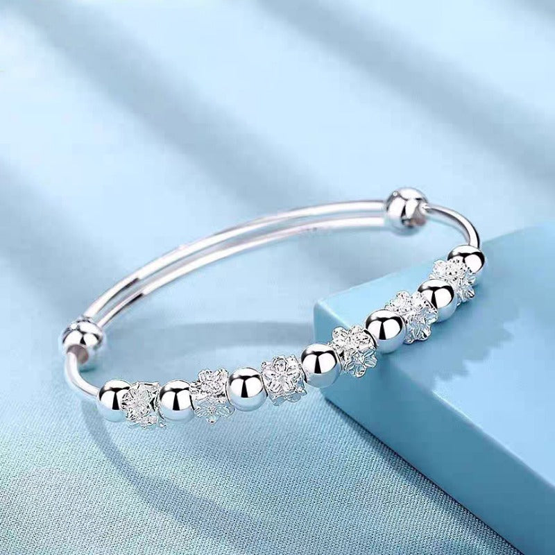 925 Sterling Silver Adjustable Bangle with Lucky Flower Spacers and High-Polish Beads - Truly Yours