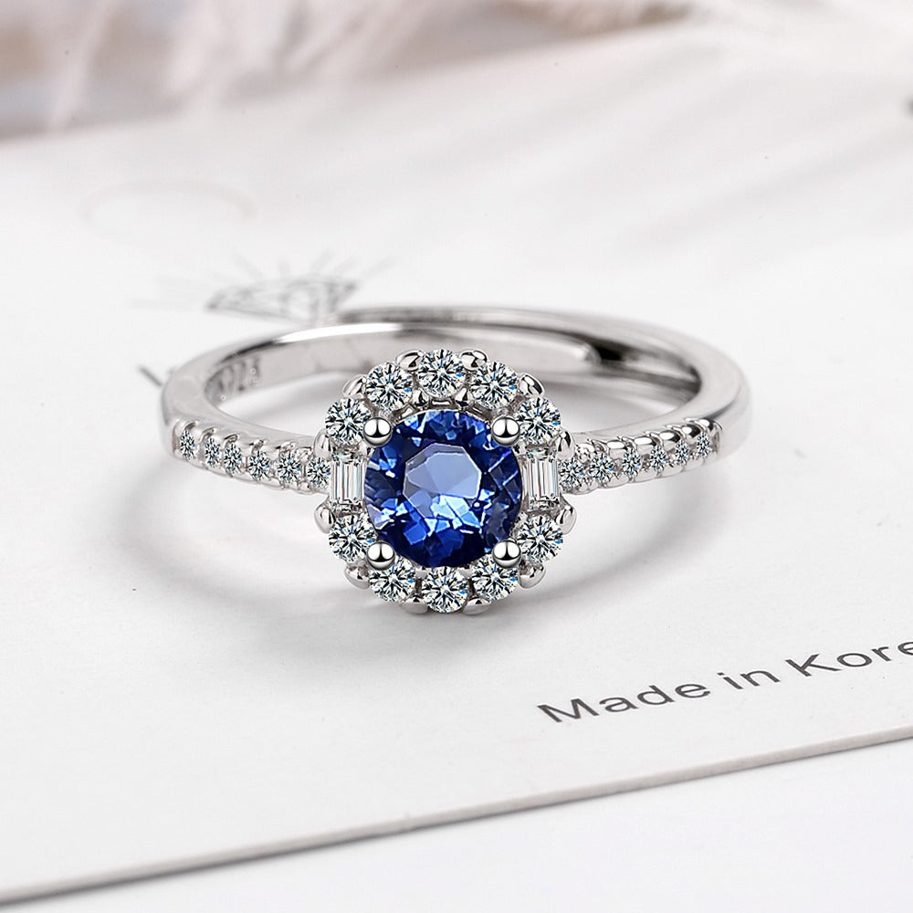 925 Sterling Silver Blue Sapphire Crystal Halo Adjustable Ring - Truly Yours