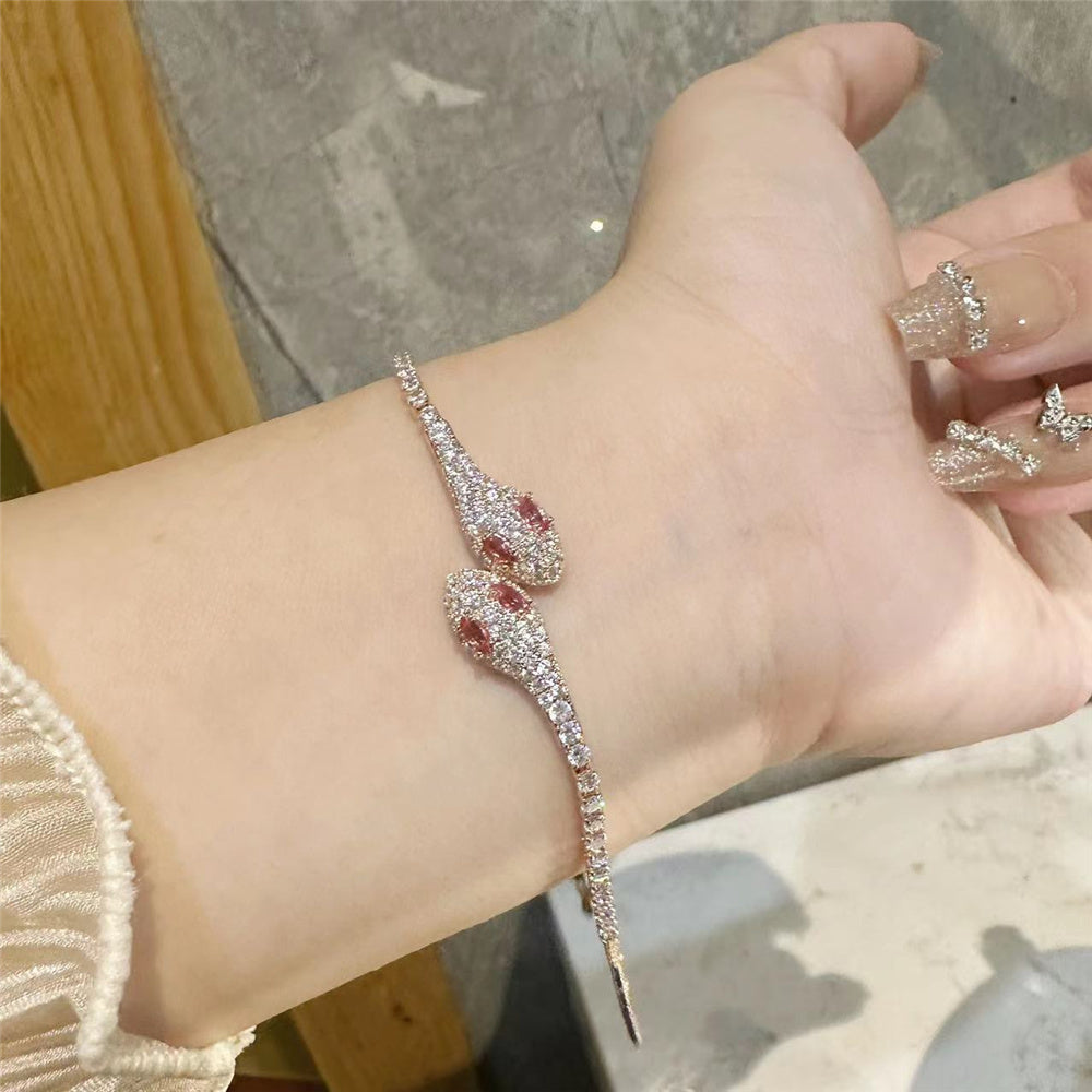 Gold Tone Snake Bracelet with Red & Green Zircon Stones - Adjustable - Truly Yours