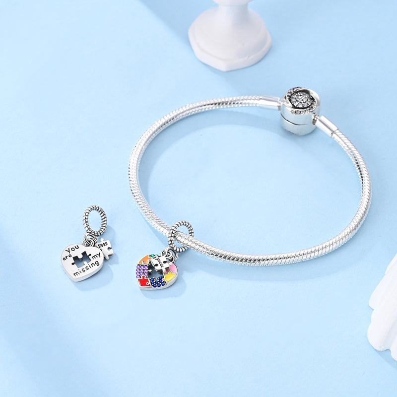 925 Sterling Silver Autism Awareness Puzzle Heart Dangle Charm - Truly Yours