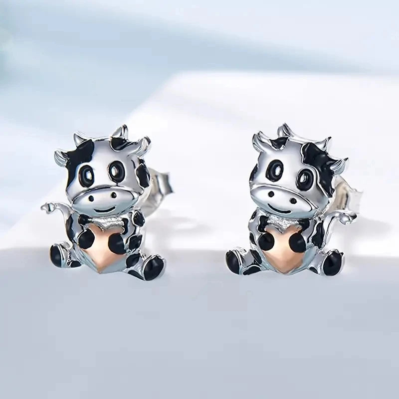 Cute Silver Cow Studs with Rose Gold Heart - Truly Yours