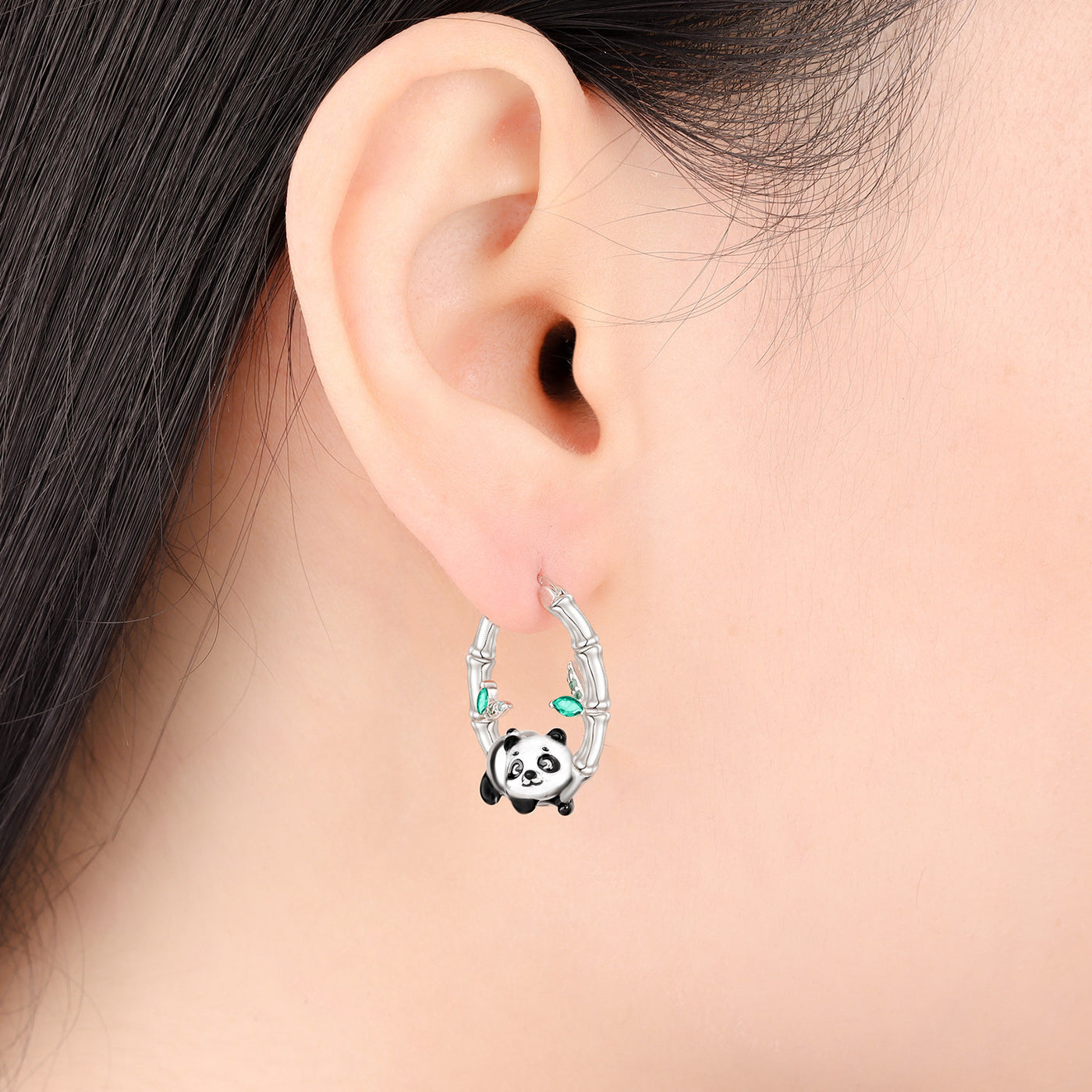 925 Sterling Silver Panda & Bamboo Hoop Earrings with Green Zircon Leaves - Various Designs - Truly Yours