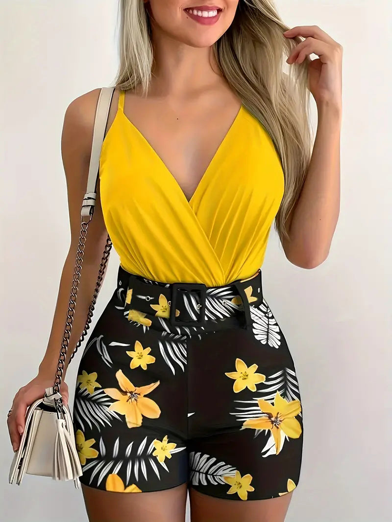 Pleated Top & Print High Waist Shorts Sets - Truly Yours