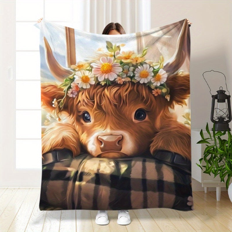 Floral Highland Cow Plush Throw Blanket – Adorable Scottish Coo with Daisy Crown - Truly Yours