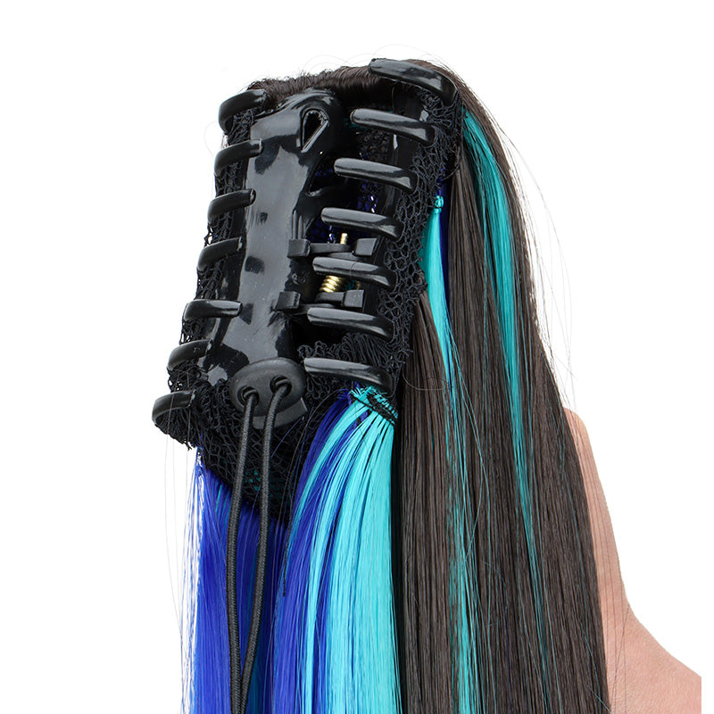 Long Straight Claw Clip-in Ponytail Extension with Blue and Teal Highlights - Truly Yours