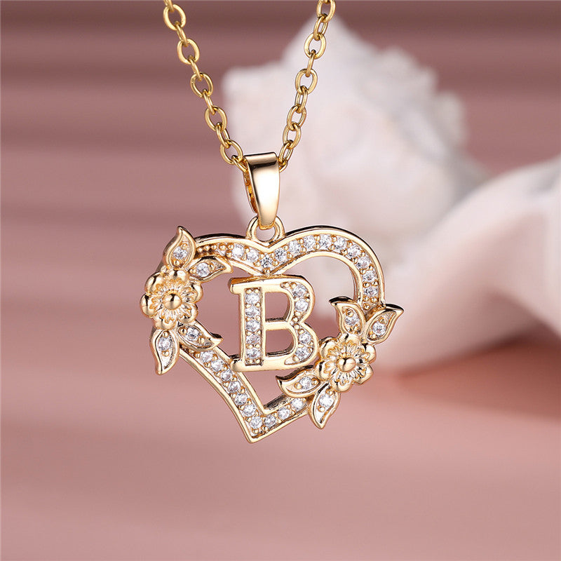 Gold-Plated Heart Initial Necklace – Sparkling Crystal A-Z Letter Pendant with Floral Accents - Truly Yours