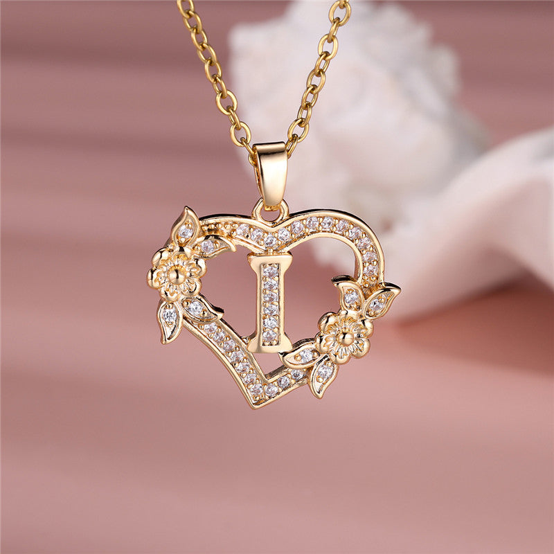 Gold-Plated Heart Initial Necklace – Sparkling Crystal A-Z Letter Pendant with Floral Accents - Truly Yours