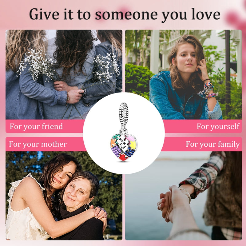 925 Sterling Silver Autism Awareness Puzzle Heart Dangle Charm - Truly Yours