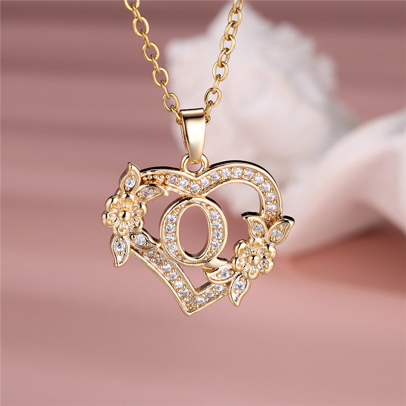 Gold-Plated Heart Initial Necklace – Sparkling Crystal A-Z Letter Pendant with Floral Accents - Truly Yours