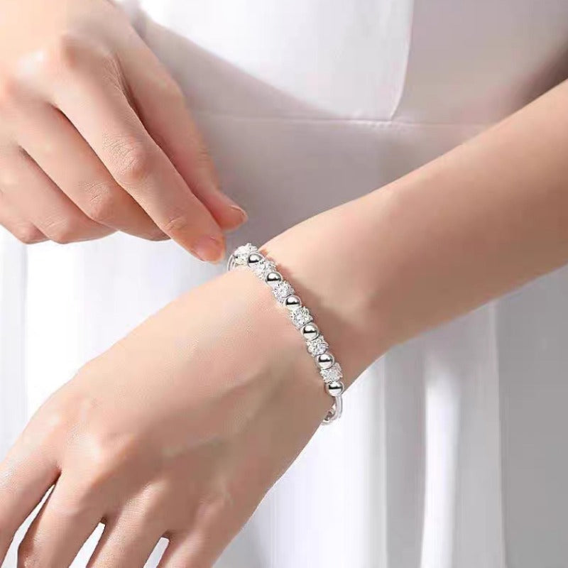 925 Sterling Silver Adjustable Bangle with Lucky Flower Spacers and High-Polish Beads - Truly Yours