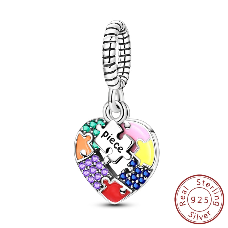 925 Sterling Silver Autism Awareness Puzzle Heart Dangle Charm - Truly Yours