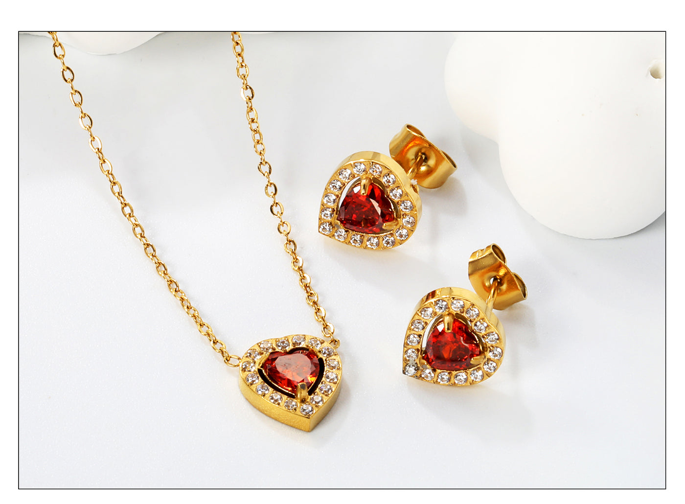 Love Heart Jewellery Set: Sparkling Red Zirconia Necklace and Earrings - Truly Yours