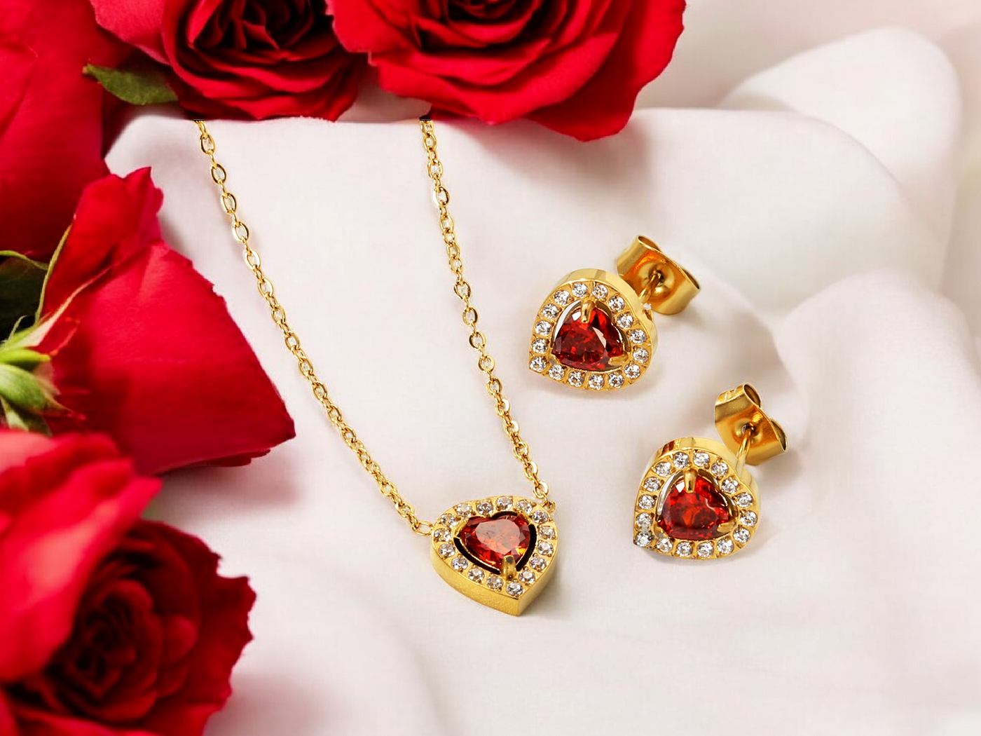 Love Heart Jewellery Set: Sparkling Red Zirconia Necklace and Earrings - Truly Yours
