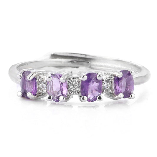 Adjustable Amethyst-Inspired Natural Gem Ring – Elegant Silver Finish