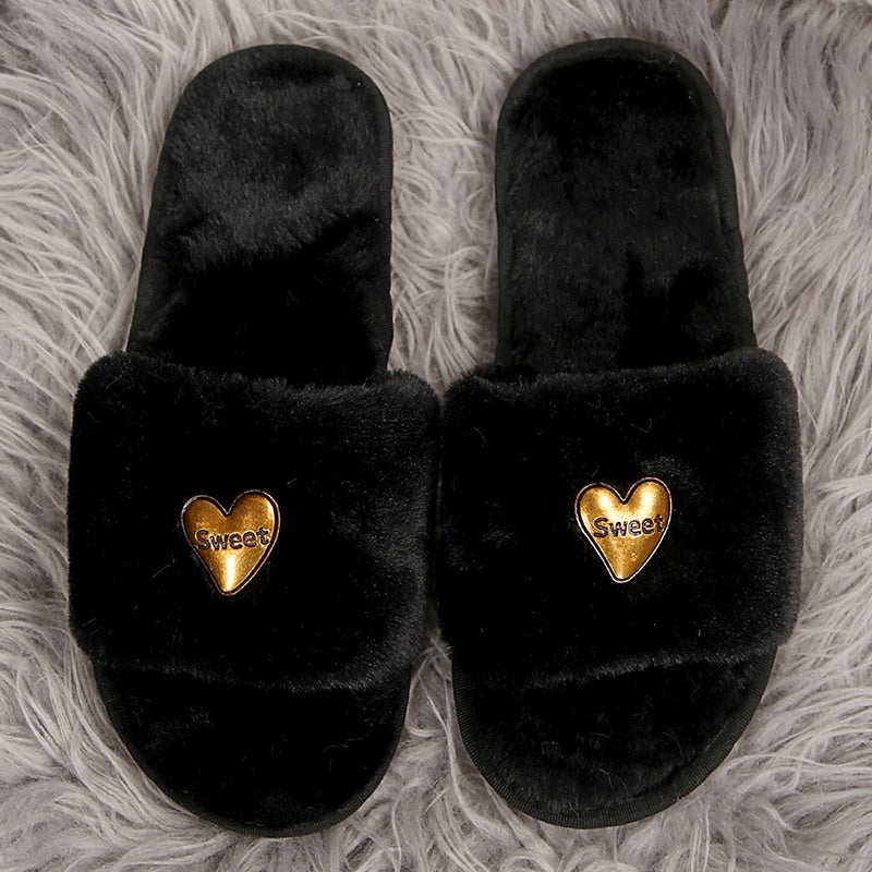 Luxury Black Faux Fur Slippers with Gold “Sweet” Heart Detail - Truly Yours