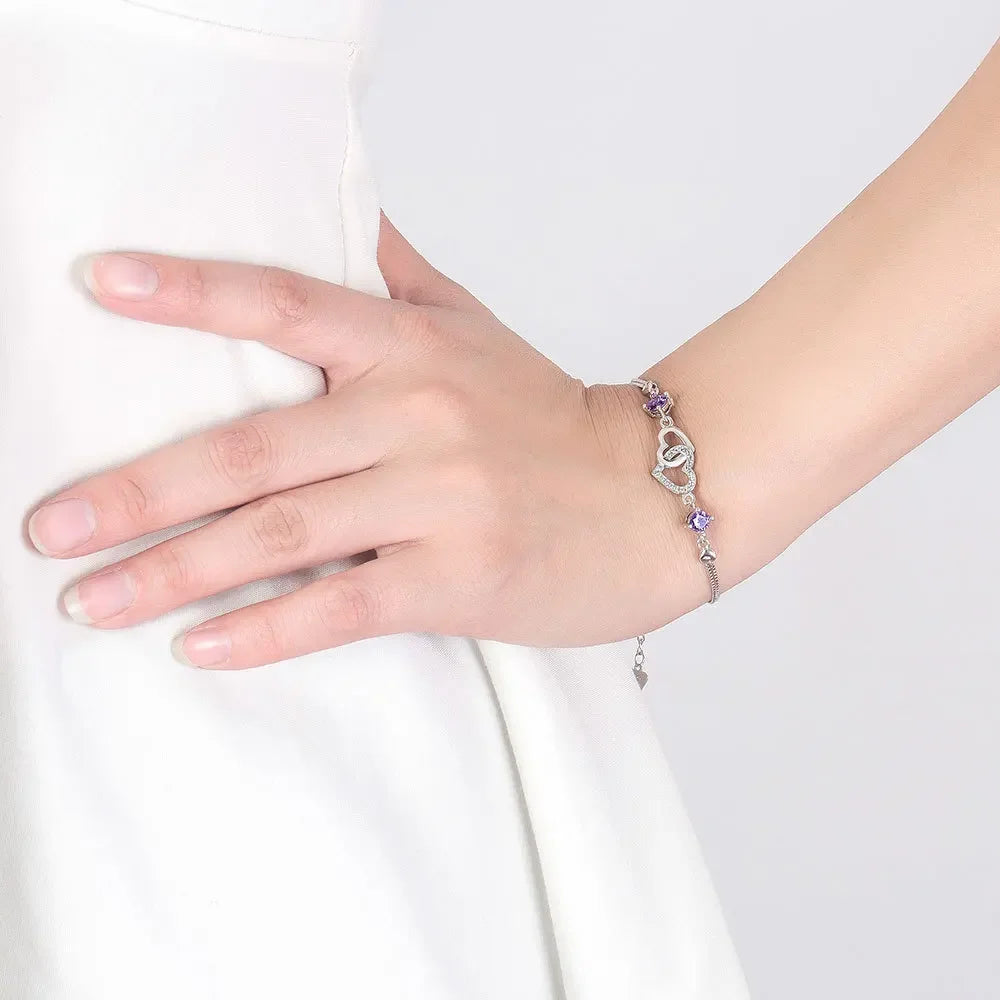 Double Heart Amethyst & Zircon Crystal Bracelet - Truly Yours