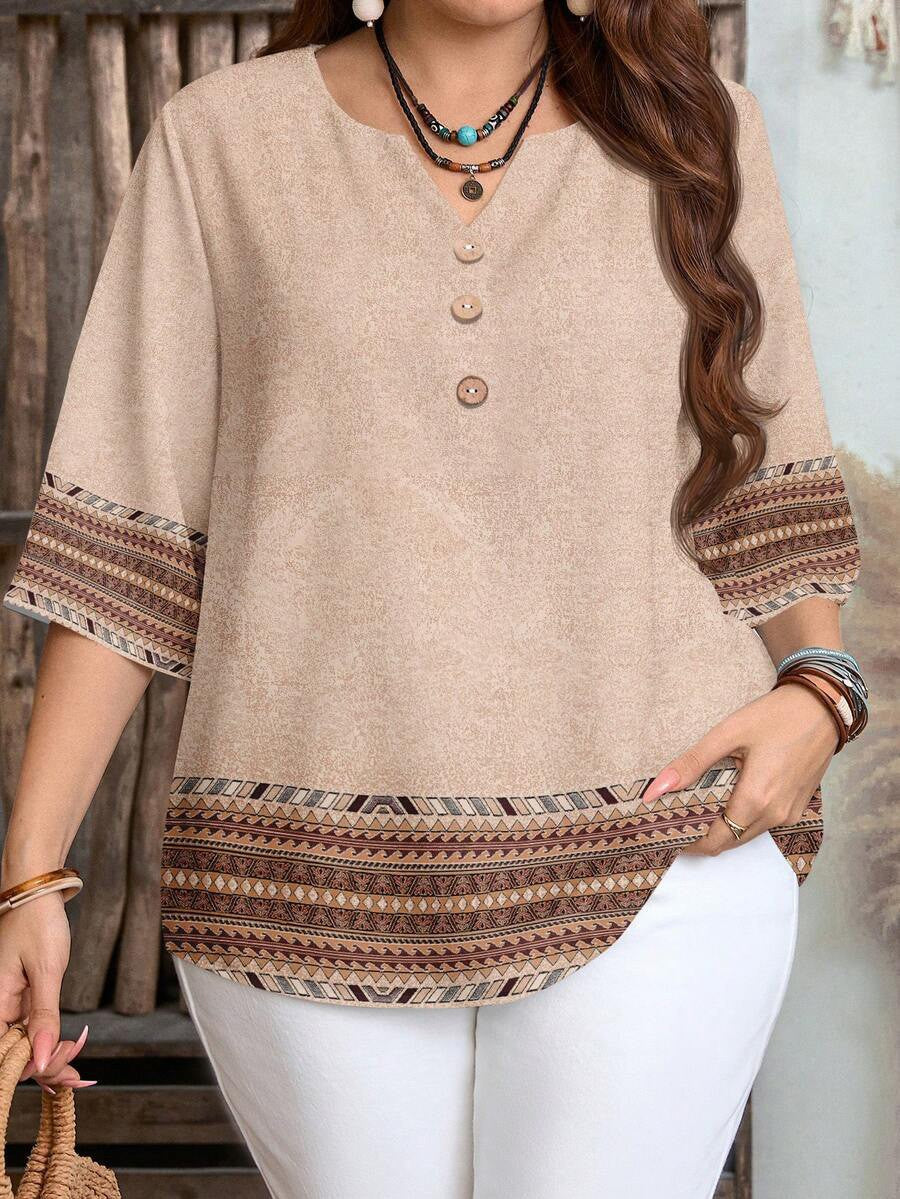 Boho Print Button Tunic Top - 2 Colours 26 Beige Blouse