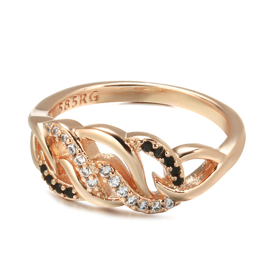 Elegant 14K (585) Rose Gold Wave Ring with Clear and Black Natural Zircon Accents