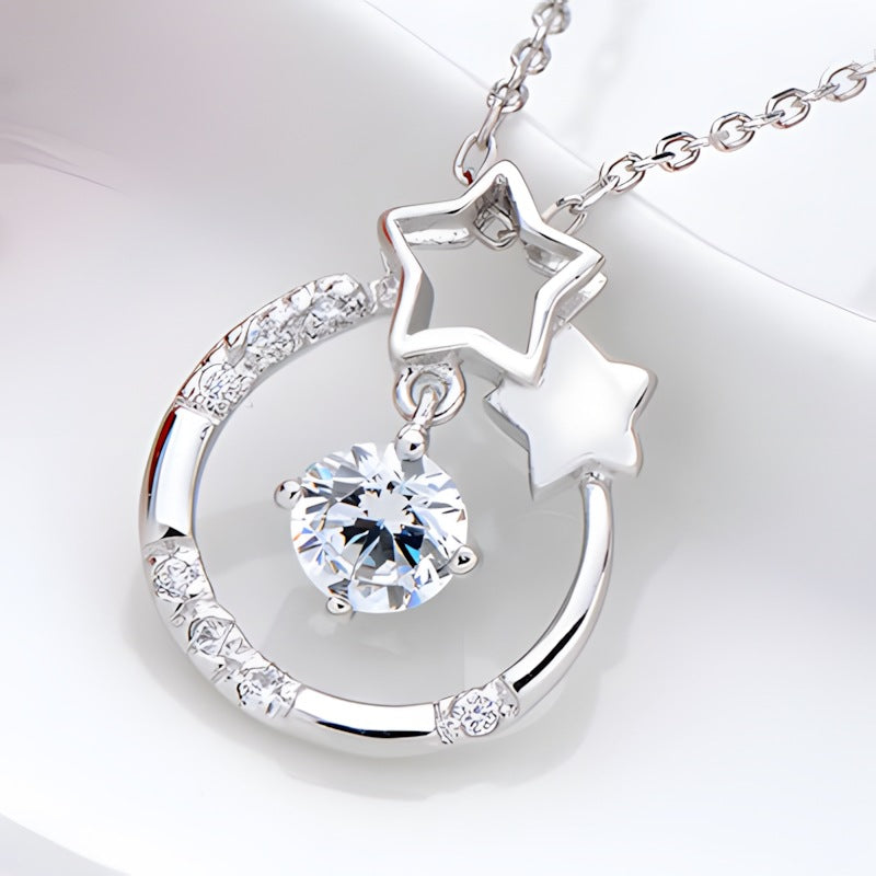 S925 Sterling Silver Double Star Pendant Necklace with 5A Zircon Stone - Truly Yours