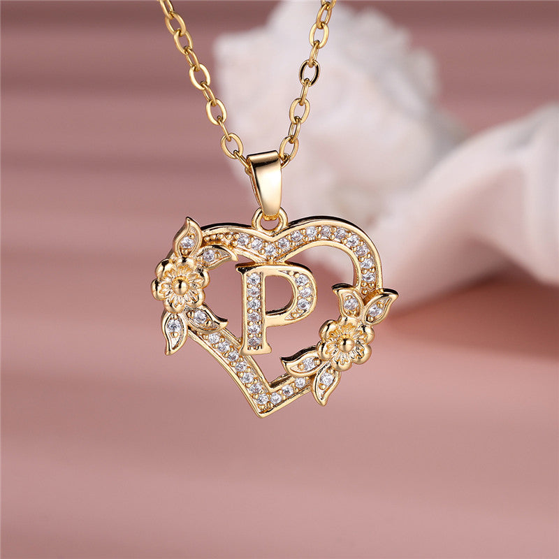 Gold-Plated Heart Initial Necklace – Sparkling Crystal A-Z Letter Pendant with Floral Accents - Truly Yours