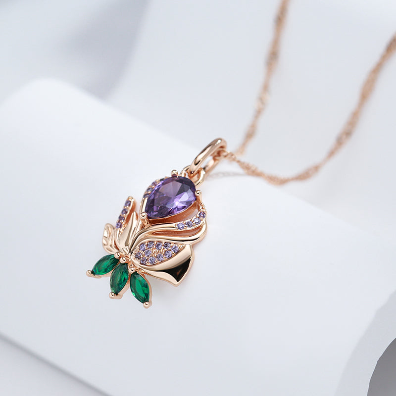 585 Rose Gold Purple & Green Zircon Floral Pendant Necklace (45+5cm) - Truly Yours