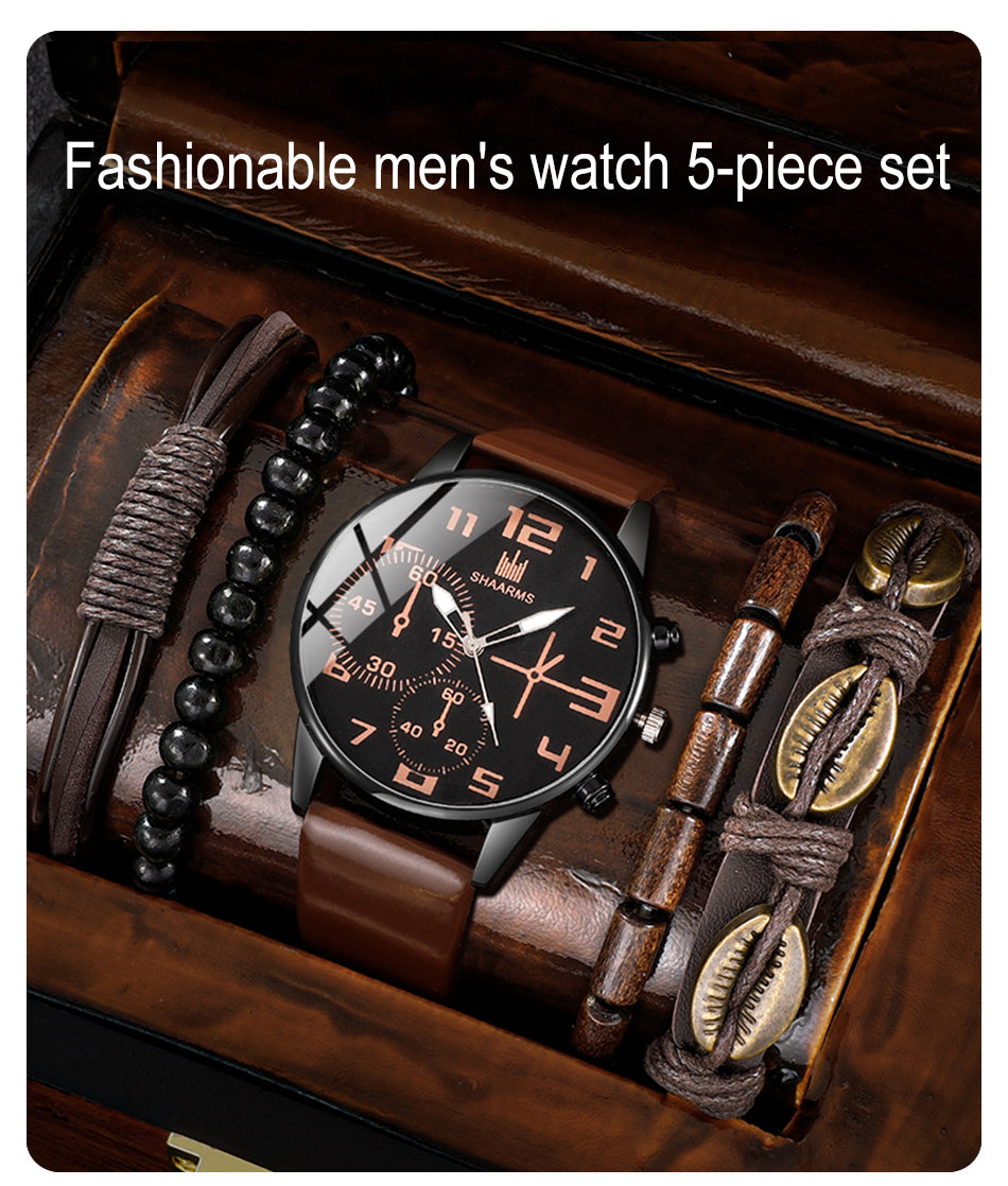Men’s Fashion Watch & Bracelet 5-Piece Gift Set – Classic Black Dial with Leather Strap - Truly Yours