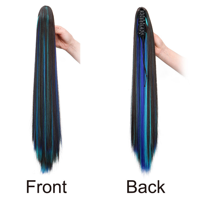 Long Straight Claw Clip-in Ponytail Extension with Blue and Teal Highlights - Truly Yours