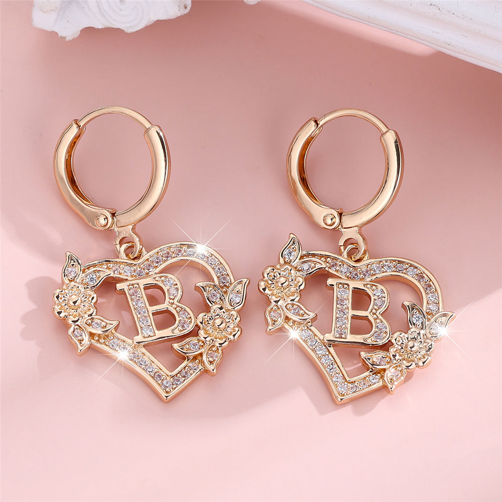 Gold-Plated Heart Initial Necklace – Sparkling Crystal A-Z Letter Earrings with Floral Accents - Truly Yours