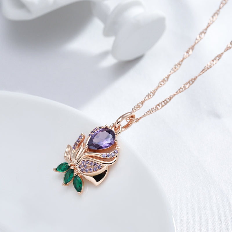 585 Rose Gold Purple & Green Zircon Floral Pendant Necklace (45+5cm) - Truly Yours