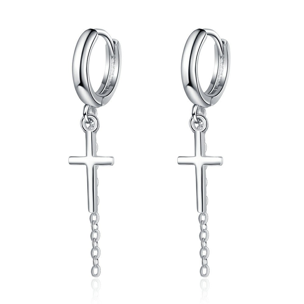 925 Sterling Silver Cross Drop Hoop Earrings with Chain Detail - Truly Yours