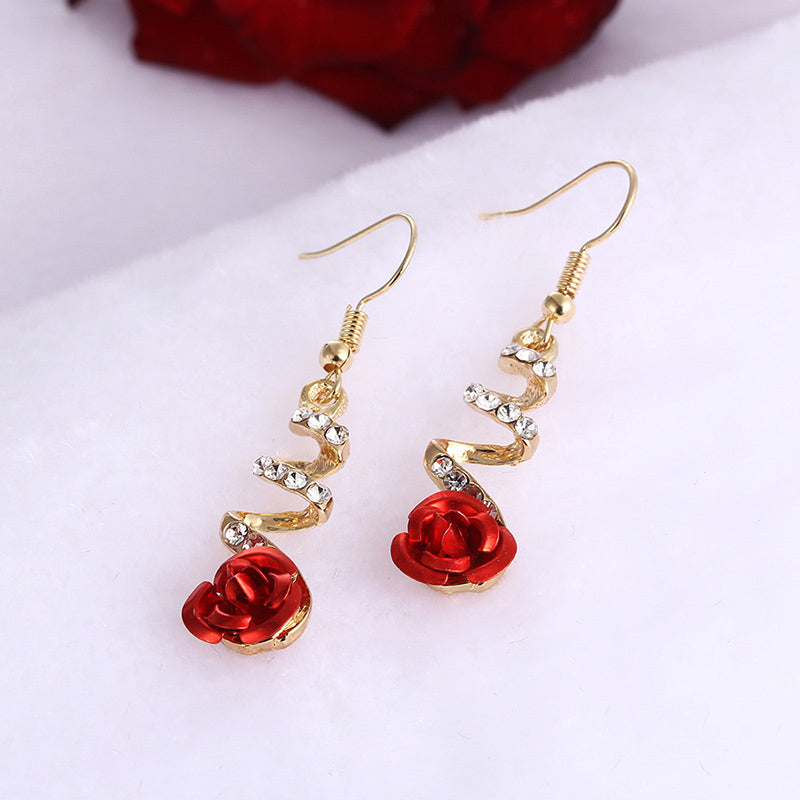 Enchanted Red Rose Spiral Earrings: A Romantic Gift for Her – Gold-Tone Floral Dangles with Shimmering Crystals - Truly Yours