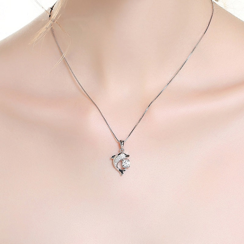 925 Sterling Silver Dolphin Pendant Necklace with Sparkling Crystal - Truly Yours
