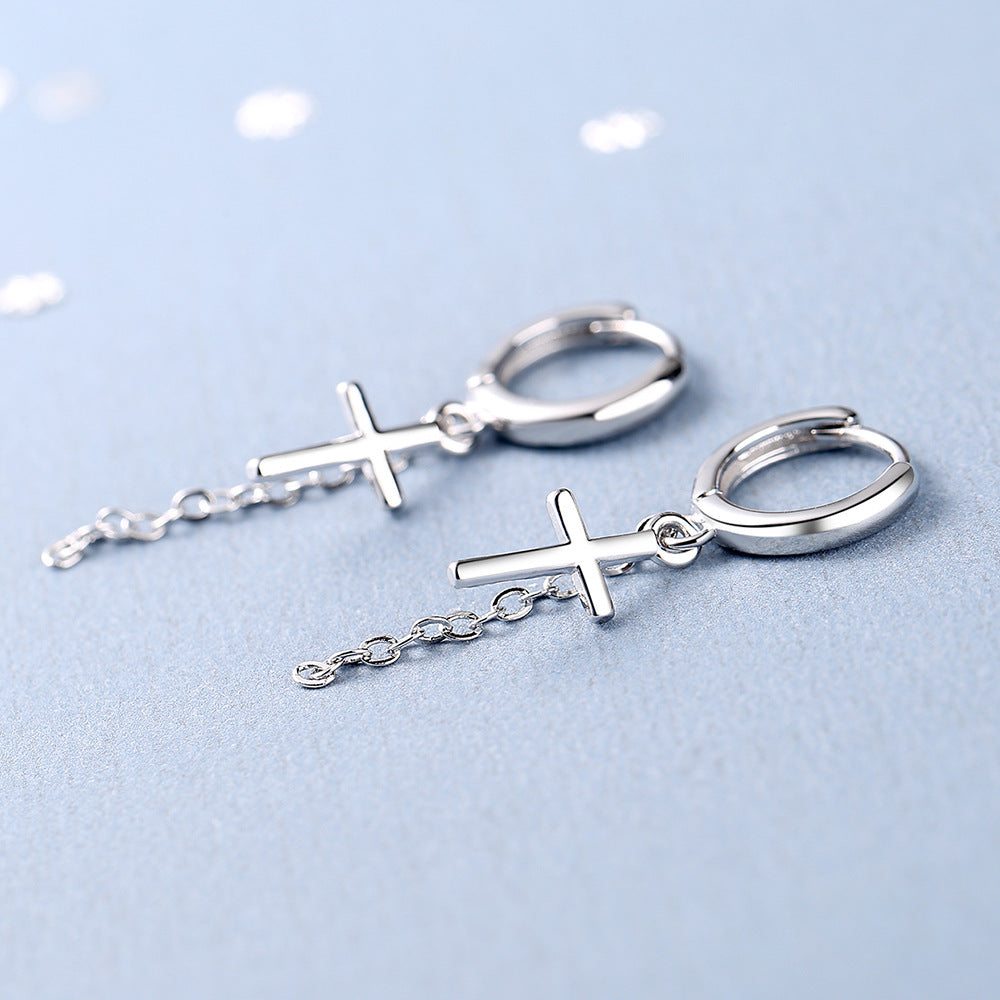 925 Sterling Silver Cross Drop Hoop Earrings with Chain Detail - Truly Yours
