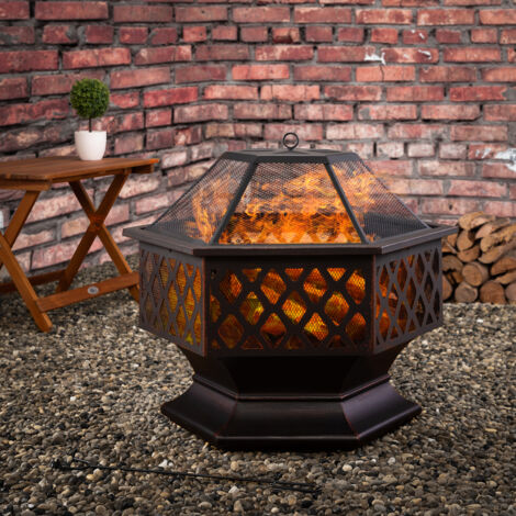 Hexagonal Outdoor Fire Pit with Spark Screen, Poker, and Waterproof Weather Cover - Truly Yours