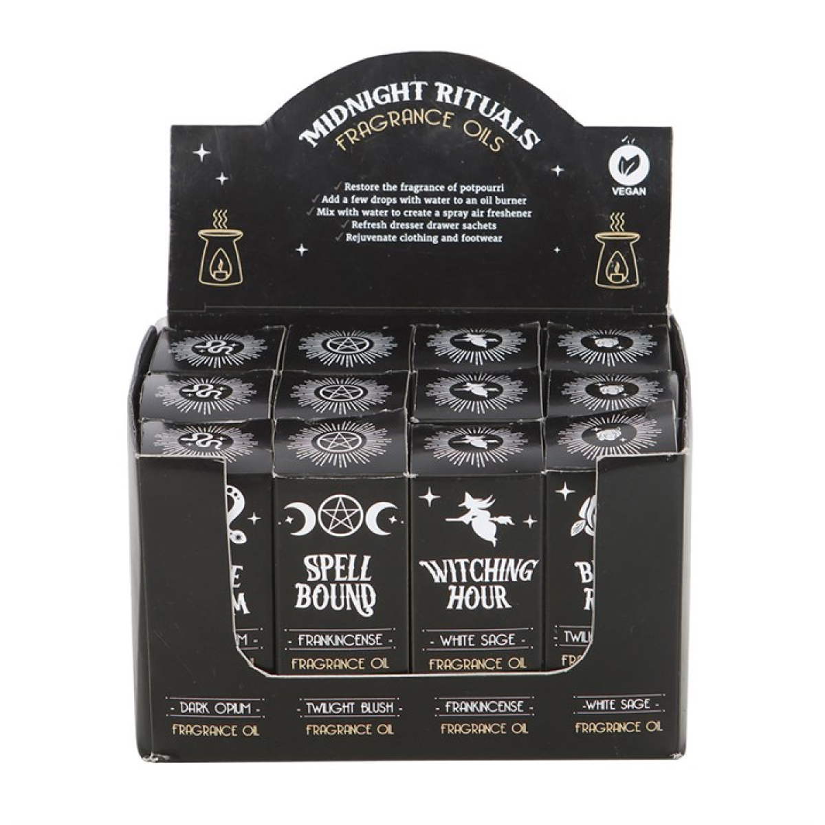 Set of 12 Midnight Rituals Fragrance Oils in Display Essential Oils