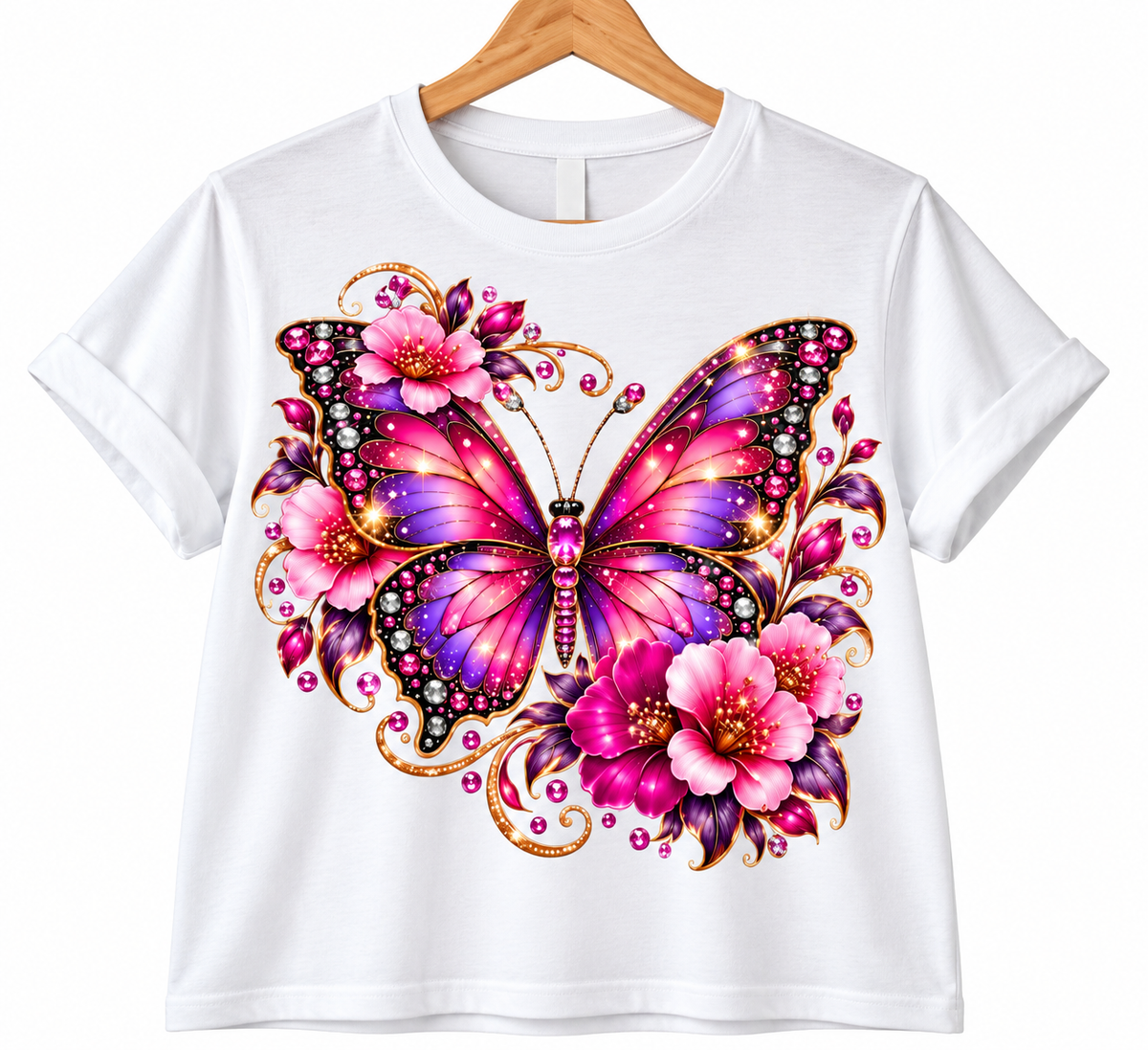 Pink & Purple Jeweled Butterfly Floral T-Shirt