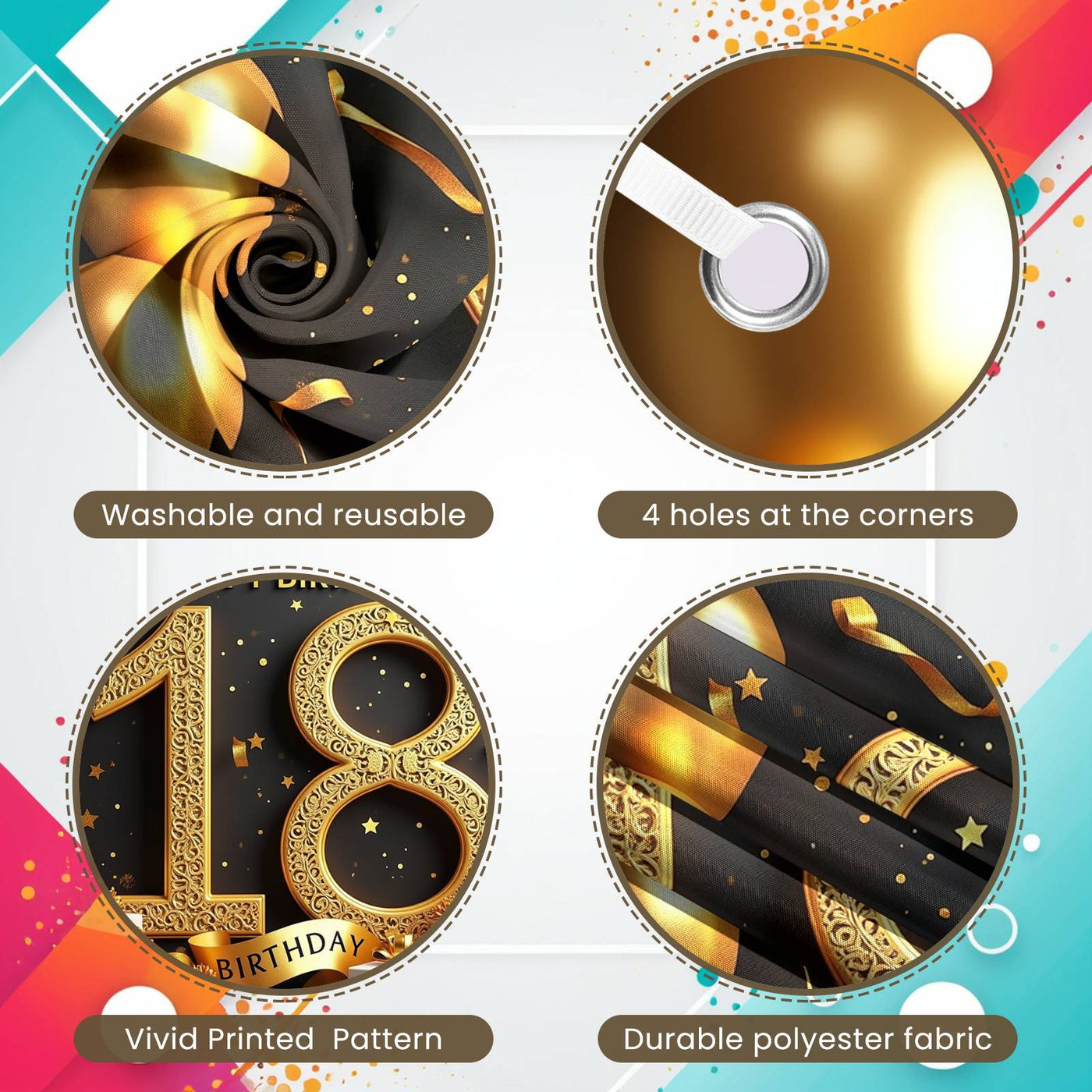 18th Happy Birthday Backdrop Banner – Large Gold & Black Party Photography Background (180 x 110 cm) Backdrop