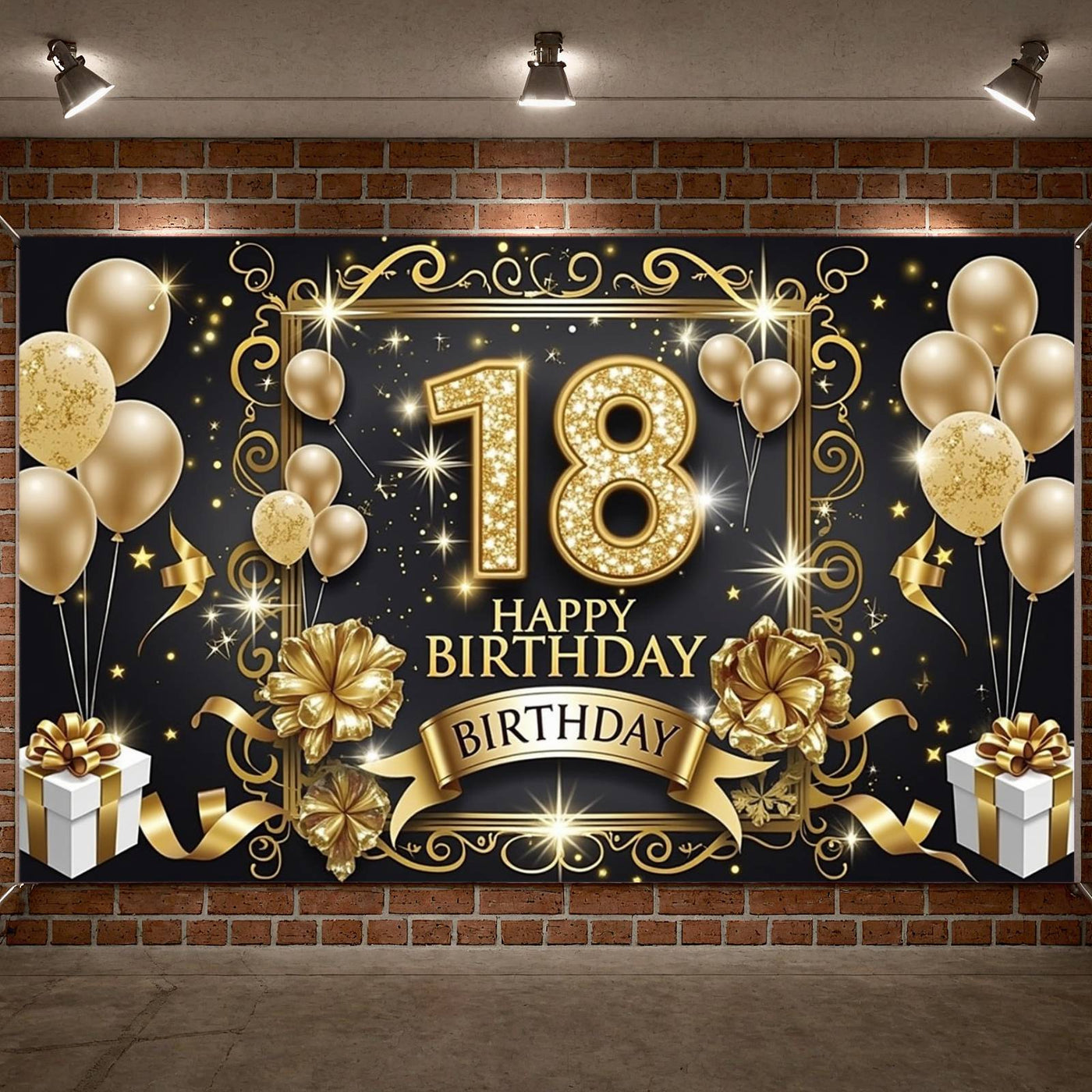 18th Happy Birthday Backdrop Banner – Large Gold & Black Party Photography Background (180 x 110 cm) Backdrop